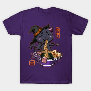 Halloween Kawaii chibi Ramen Magical Witch Black cat monster design T-Shirt